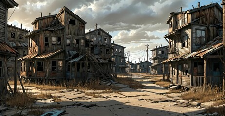 abandoned post apocalyptic urban city town house ruins. empty aged old building exterior derelict. decayed skyscraper apartment buildings.