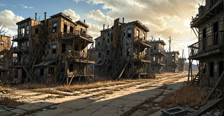 Fototapeta premium abandoned post apocalyptic urban city town house ruins. empty aged old building exterior derelict. decayed skyscraper apartment buildings.
