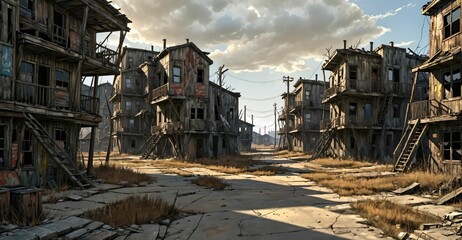 Fototapeta premium abandoned post apocalyptic urban city town house ruins. empty aged old building exterior derelict. decayed skyscraper apartment buildings wasteland desert.