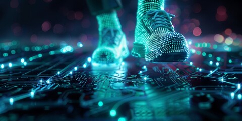 Cybersecurity digital footprints made of binary code, highlighting the importance of cybersecurity and protecting one's digital footprint from unauthorized access and exploitation
