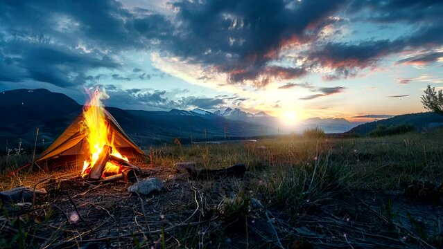 Scenic Hilltop Campsite with Breathtaking Vistas and Warming Firepit. Seamless looping time-lapse virtual 4k video animation background