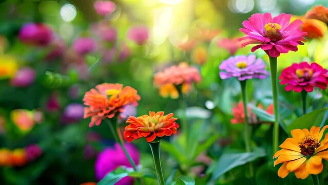 Colorful zinnias in vibrant garden, blooming under warm sunlight