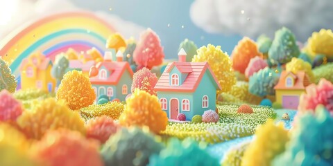 Obraz premium Tiny cute isometric A beautiful rainbow village morning scene. Sunlight shines on the golden wheat field and dozens of small animals are busy. Describe the rainbow village morning scene