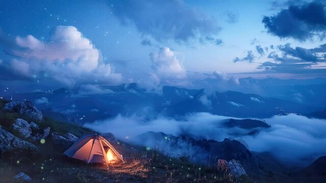 Lighting Rustic Fire Pit to Ward Off Chill at Picturesque Hilltop Camp. Seamless looping time-lapse virtual 4k video animation background