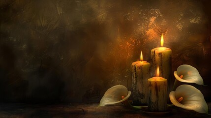 somber funeral composition with burning candles and calla lilies digital art
