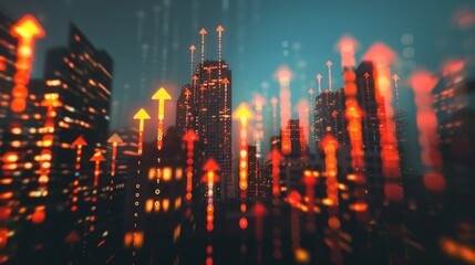 Fototapeta premium Digital stock market growth indicators with cityscape in the background, futuristic financial concept