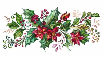 Ornamental poster design with holly and vibrant on white background