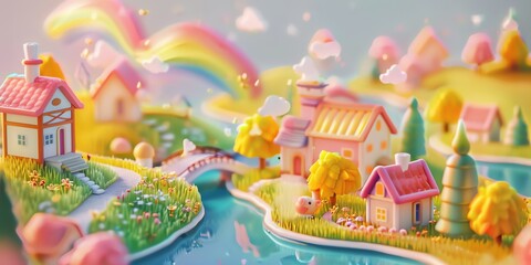 Obraz premium Tiny cute isometric A beautiful rainbow village morning scene. Sunlight shines on the golden wheat field and dozens of small animals are busy. Describe the rainbow village morning scene