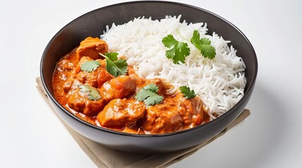 spicy chicken tikka masala curry with rice indian food on white background
