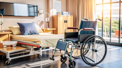 Hospital background with medical equipment and furniture, symbolizing senior retirement care and insurance concept, emphasizing supportive healthcare services for elderly patients.,hd 8k