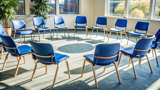 Empty circle of chairs arranged in a community center room with a warm atmosphere suggesting a supportive environment for group therapy sessions.,hd 8k