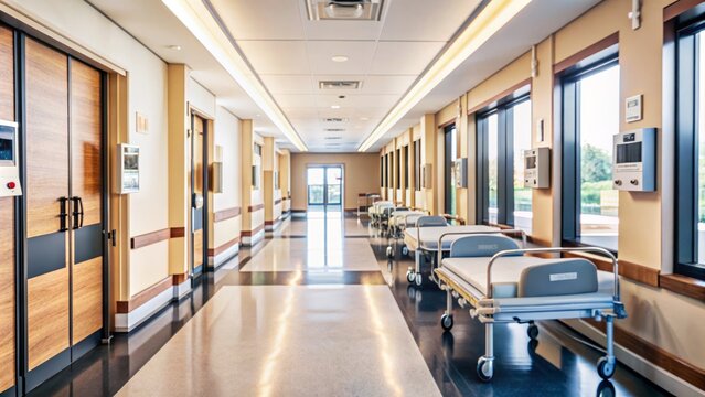 Modern hospital corridor background with a deserted hallway lined with rows of medical equipment and hospital rooms, softly lit with warm lighting.,hd 8k