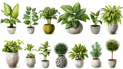 Fototapeta premium Set of different plants in pots isolated on white background illustration