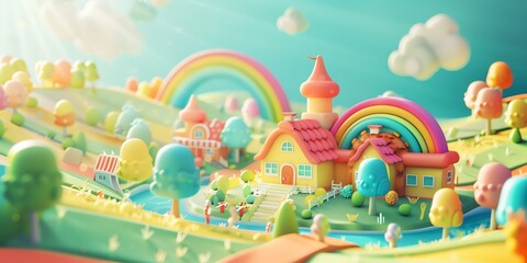 
Tiny cute isometric A beautiful rainbow village morning scene. Sunlight shines on the golden wheat field and dozens of small animals are busy. Describe the rainbow village morning scene