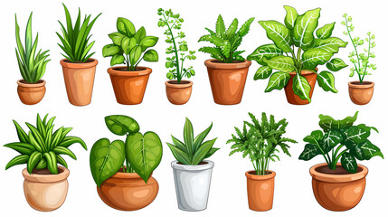 Fototapeta premium Set of different plants in pots isolated on white background illustration