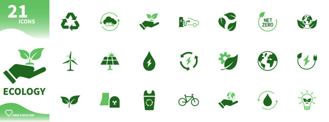 Ecology icon. Set of icons for environmental protection, earth, renewable energy, leaf, recycling, green energy, green icons. Solid vector icons.