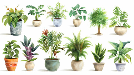 Fototapeta premium Set of different plants in pots isolated on white background illustration