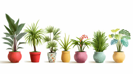 Obraz premium Set of different plants in pots isolated on white background illustration