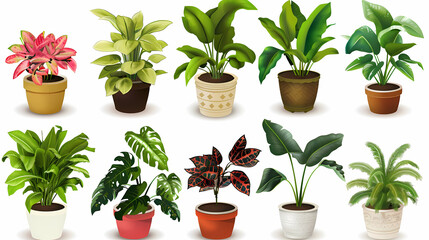 Fototapeta premium Set of different plants in pots isolated on white background illustration
