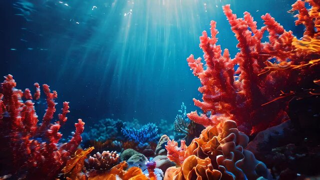 Vibrant coral reef underwater, illuminated by sun rays, teeming with marine life