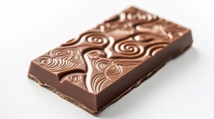 Piece of milk chocolate with finely om white ackground