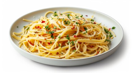  Plate of spaghetti aglio e olio with garlic and cheese