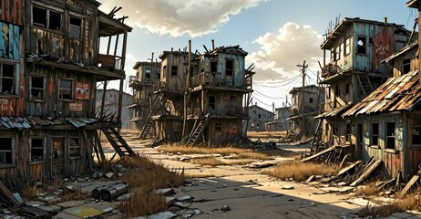 Fototapeta premium abandoned post apocalyptic urban city town house ruins. empty aged old building exterior derelict. decayed skyscraper apartment buildings wasteland desert.