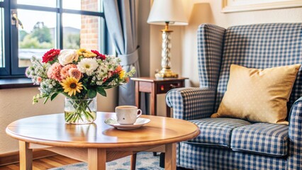 Cozy retirement home interior with empty armchair, wooden table, and floral arrangements, conveying warmth and comfort for elderly residents.,hd 8k