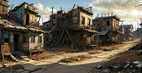 abandoned post apocalyptic urban city town house ruins. empty aged old building exterior derelict. decayed skyscraper apartment buildings wasteland desert.