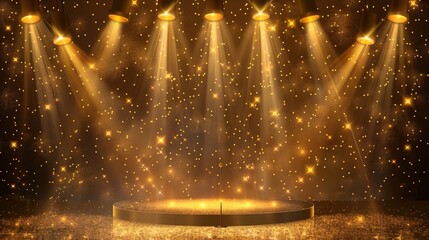 Gold lights rays scene background, bokeh effect, presentation concept