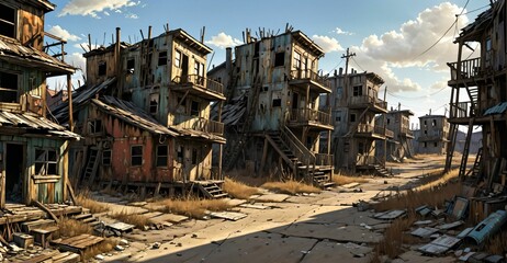 Fototapeta premium abandoned post apocalyptic urban city town house ruins. empty aged old building exterior derelict. decayed skyscraper apartment buildings wasteland desert.