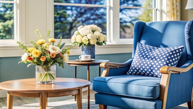 Cozy retirement home interior with empty armchair, wooden table, and floral arrangements, conveying warmth and comfort for elderly residents.,hd 8k