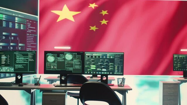 Empty governmental hacking room with chinese flag on a big screen, cyberwarfare and misinformation. Chinese propaganda, fake news and the spread of disinformation during a hybrid war. Camera A.