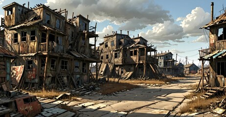 Fototapeta premium abandoned post apocalyptic urban city town house ruins. empty aged old building exterior derelict. decayed skyscraper apartment buildings wasteland desert.