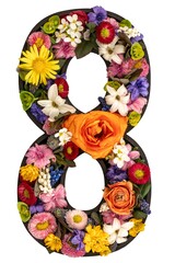 Number 8 made of real natural flowers and leaves on transparent background.