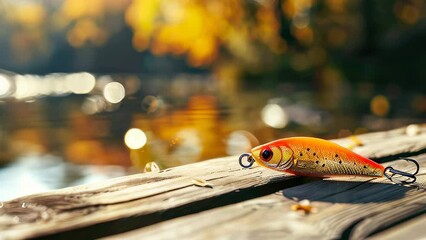 Bright fishing lure on wooden dock by calm lake in autumn