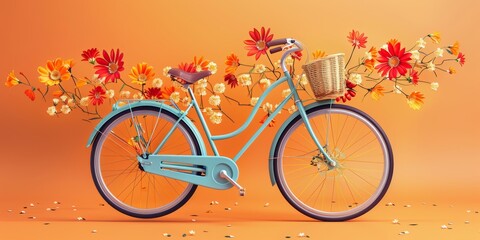Fototapeta premium Retro blue bicycle with flowers flying out of orange background 