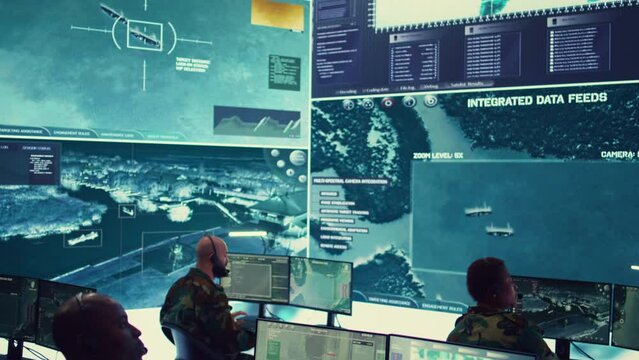 Anti terrorism division controlling marine activity around the national waters, ensuring protection and safeguarding the coastal ports from hostile ships. Diverse team of army officers. Camera B.