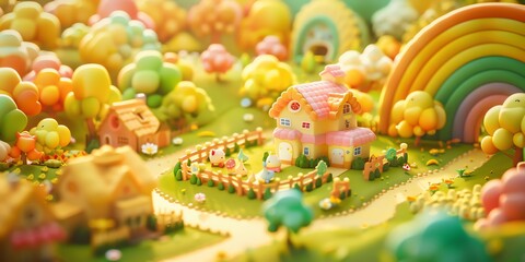 Fototapeta premium Tiny cute isometric A beautiful rainbow village morning scene. Sunlight shines on the golden wheat field and dozens of small animals are busy. Describe the rainbow village morning scene