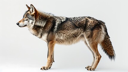 Fototapeta premium A full-body side view of an angry wolf against a white background in a high resolution photograph, with insanely detailed imagery in the style of award winning photography. The wolf is isolated on a
