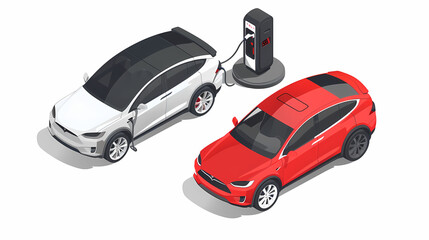 omparing electric car versus gasoline diesel car suv. Electric vehicle charging at charger stand vs. fossil car refueling petrol gas station.