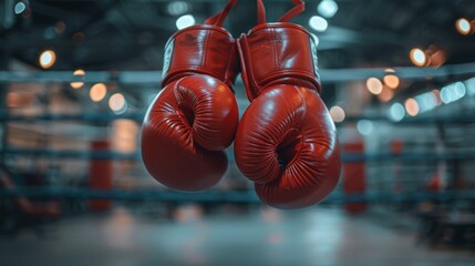 Red Boxing Gloves Hanging in an Empty Gym with Vibrant Lights and a Focused Mood