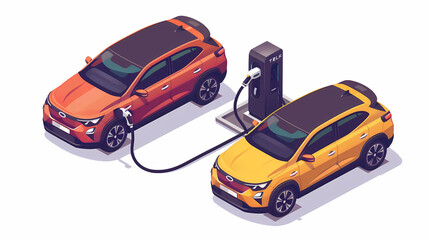 omparing electric car versus gasoline diesel car suv. Electric vehicle charging at charger stand vs. fossil car refueling petrol gas station.