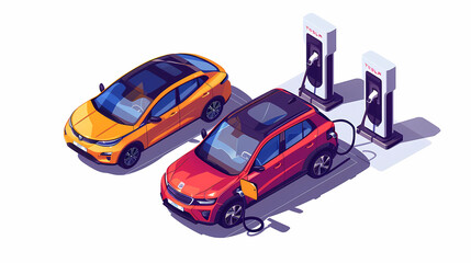Naklejka premium omparing electric car versus gasoline diesel car suv. Electric vehicle charging at charger stand vs. fossil car refueling petrol gas station.