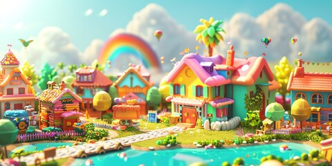 
Tiny cute isometric A beautiful rainbow village morning scene. Sunlight shines on the golden wheat field and dozens of small animals are busy. Describe the rainbow village morning scene