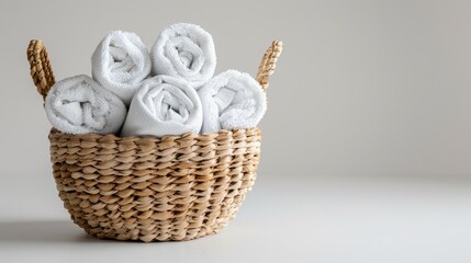 Obraz premium Cozy Woven Basket Holding Rolled White Towels on Minimalist Background