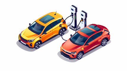 omparing electric car versus gasoline diesel car suv. Electric vehicle charging at charger stand vs. fossil car refueling petrol gas station.