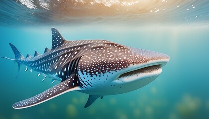  A whale shark swimming in open water, surrounded by tiny bubbles rising to the surface, with
