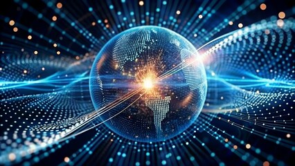 Fototapeta premium An abstract tech background featuring exploding digital particles, quantum networking systems, computing, artificial intelligence, and global data communications.