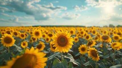 Obraz premium Sunlit Sunflower Field under a Bright Blue Sky with Fluffy Clouds